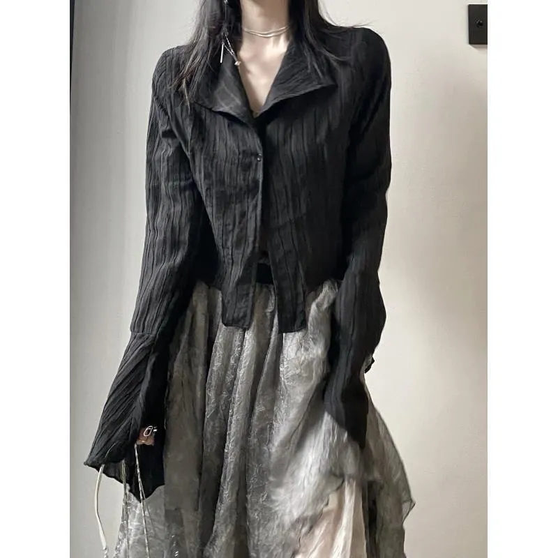 Irregular Striped Long Sleeve Button Down Blouse