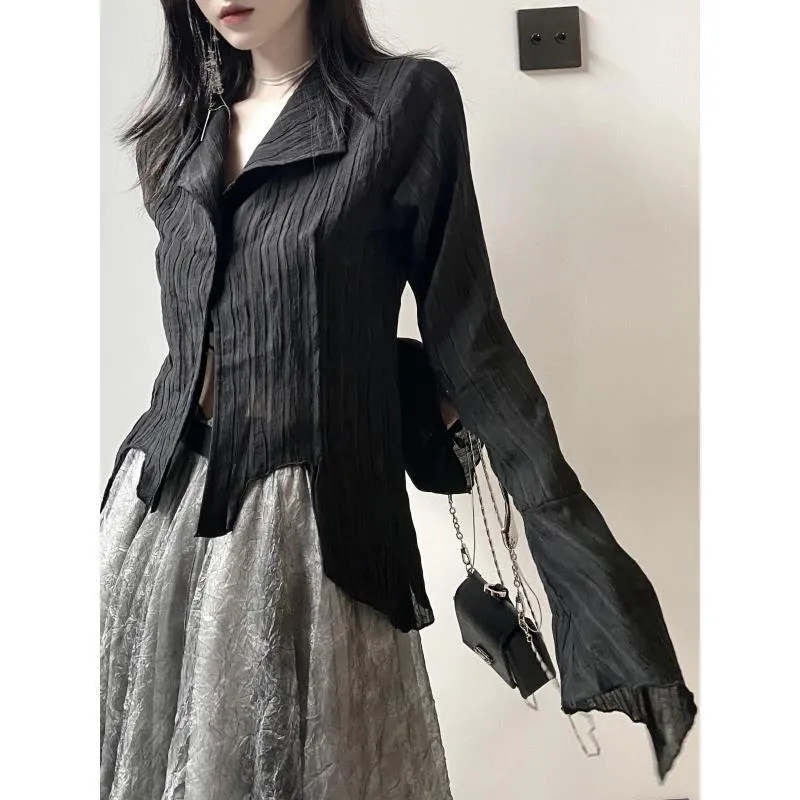 Irregular Striped Long Sleeve Button Down Blouse