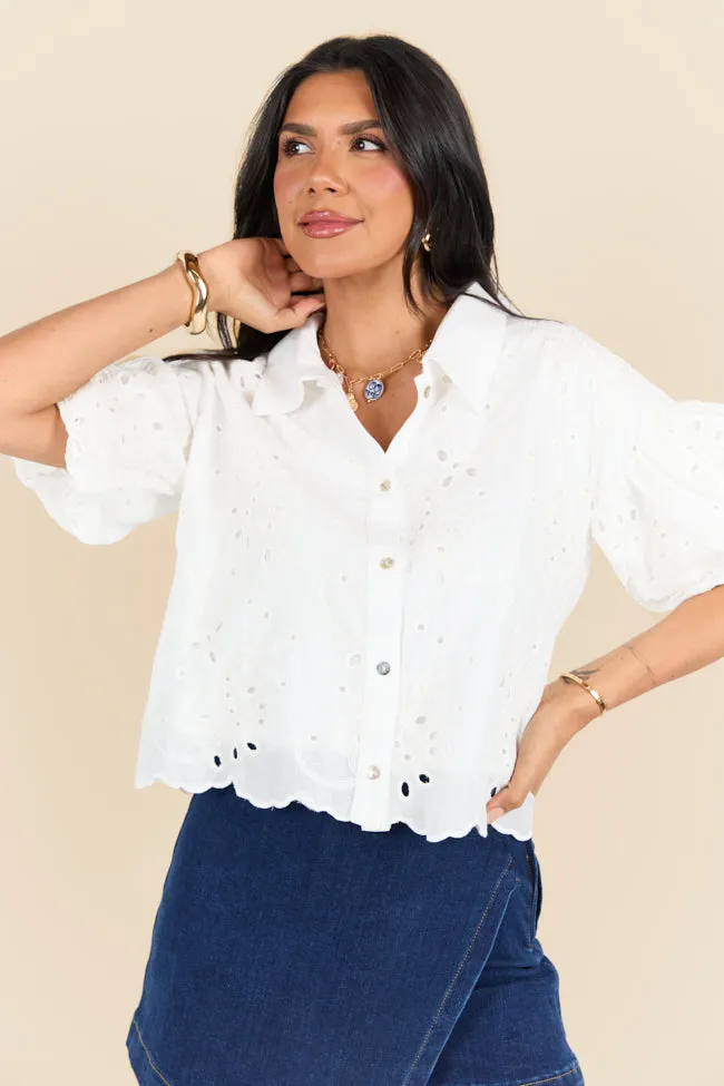 It's Delicate Ivory Eyelet Short Sleeve Button Down Blouse