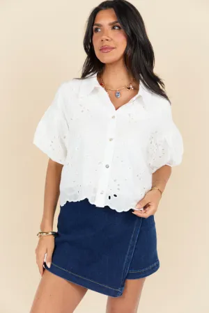 It's Delicate Ivory Eyelet Short Sleeve Button Down Blouse