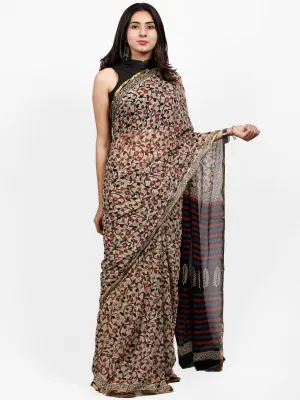Ivory Black Maroon Hand Block Printed Chiffon Saree with Zari Border - S031703258