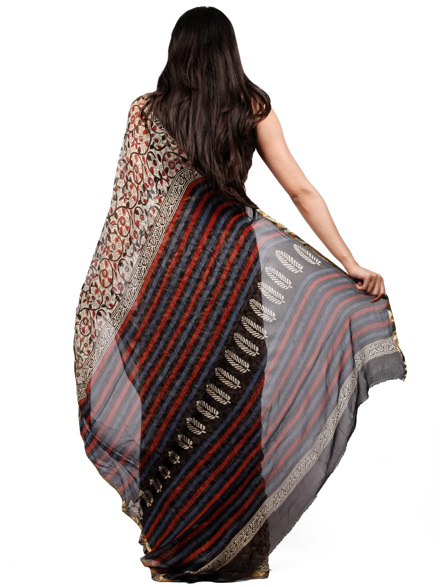 Ivory Black Maroon Hand Block Printed Chiffon Saree with Zari Border - S031703258