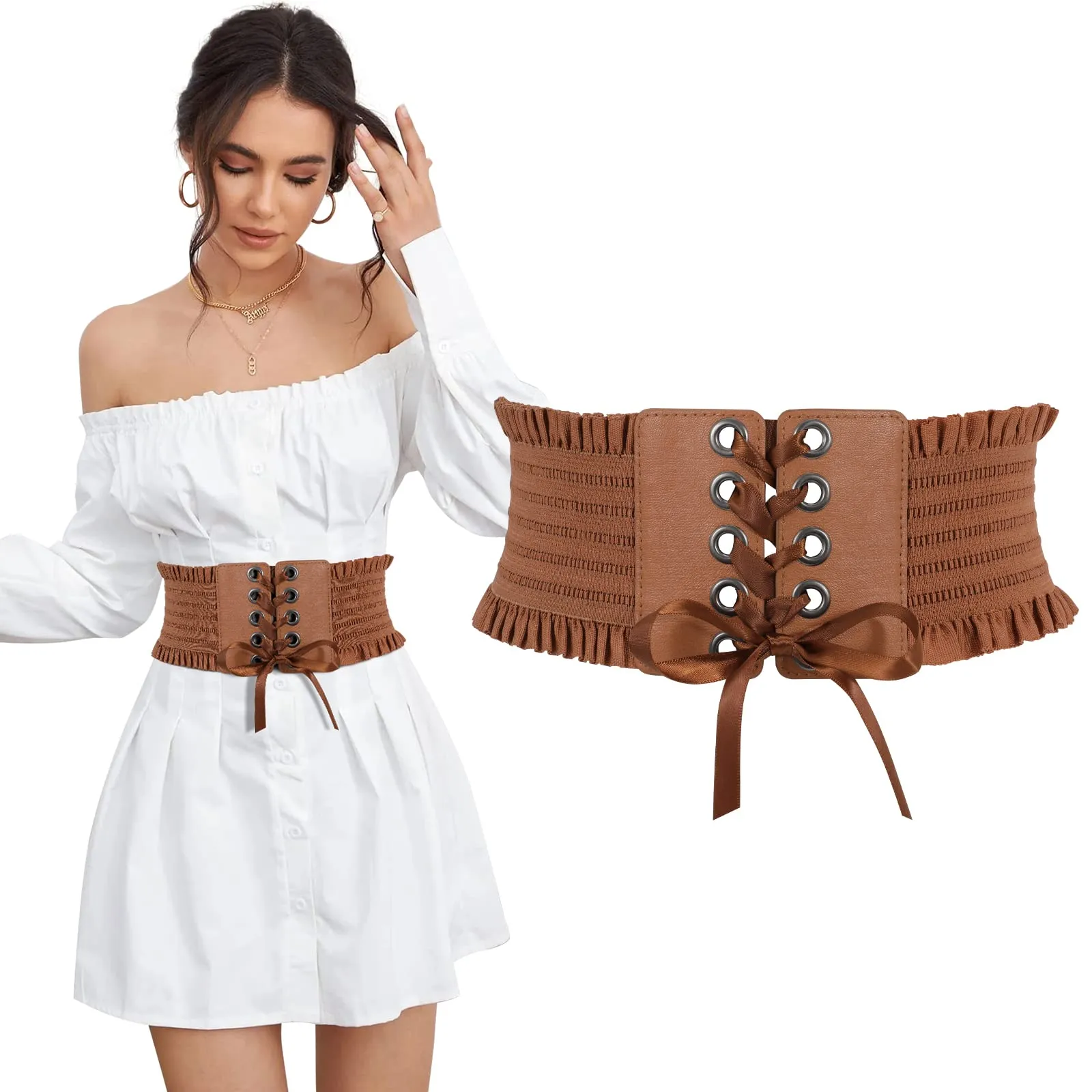 JASGOOD Women Wide Elastic Lace-up Waist Belt,Tied Costume Corset Waist Belt for Dress