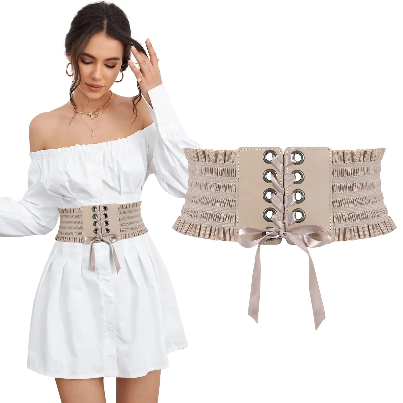 JASGOOD Women Wide Elastic Lace-up Waist Belt,Tied Costume Corset Waist Belt for Dress