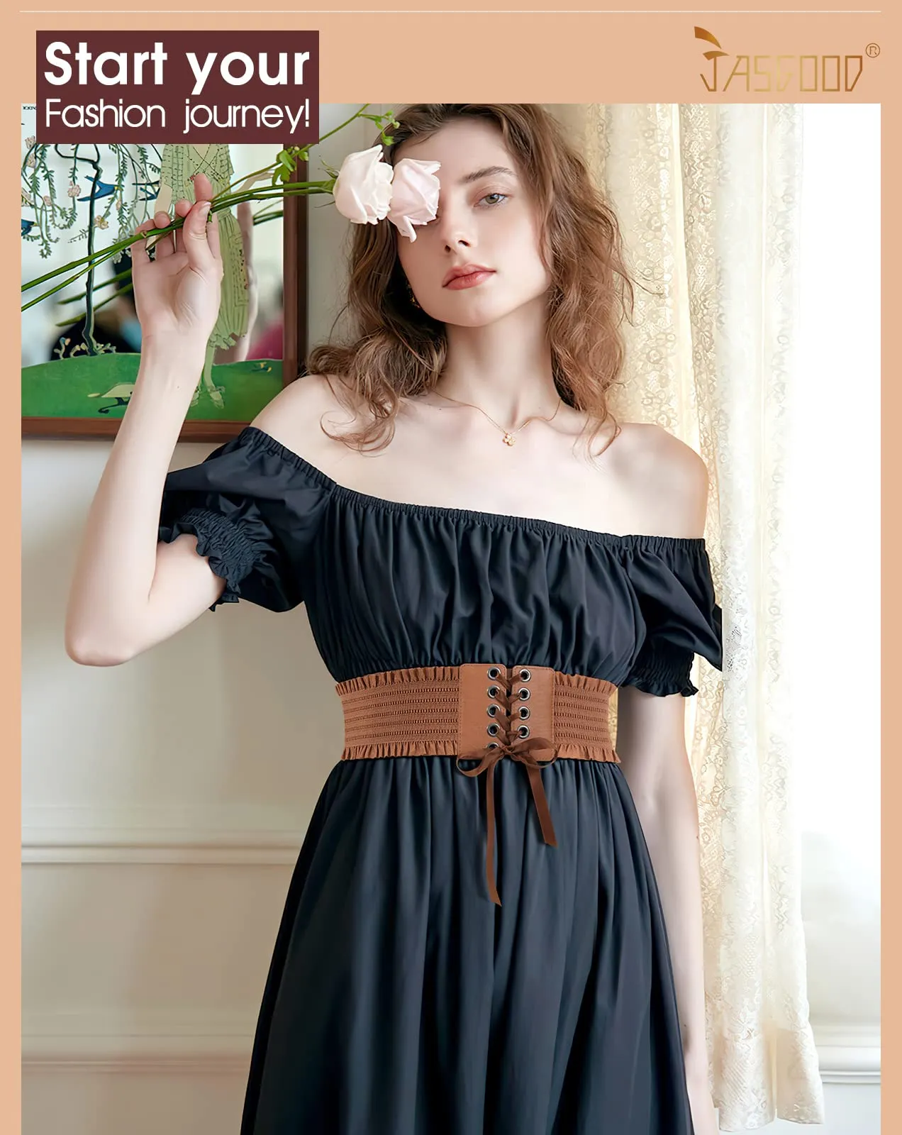 JASGOOD Women Wide Elastic Lace-up Waist Belt,Tied Costume Corset Waist Belt for Dress