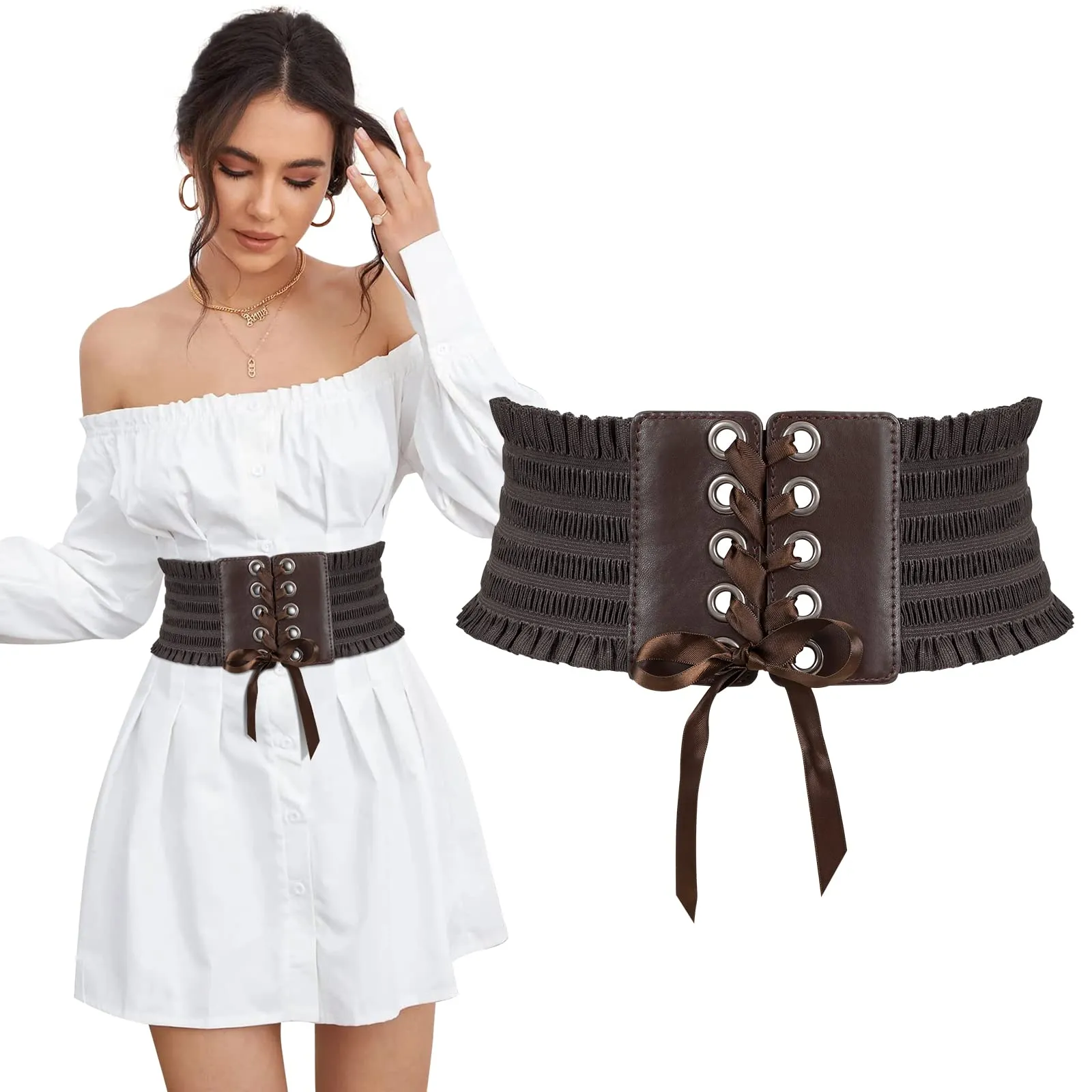 JASGOOD Women Wide Elastic Lace-up Waist Belt,Tied Costume Corset Waist Belt for Dress