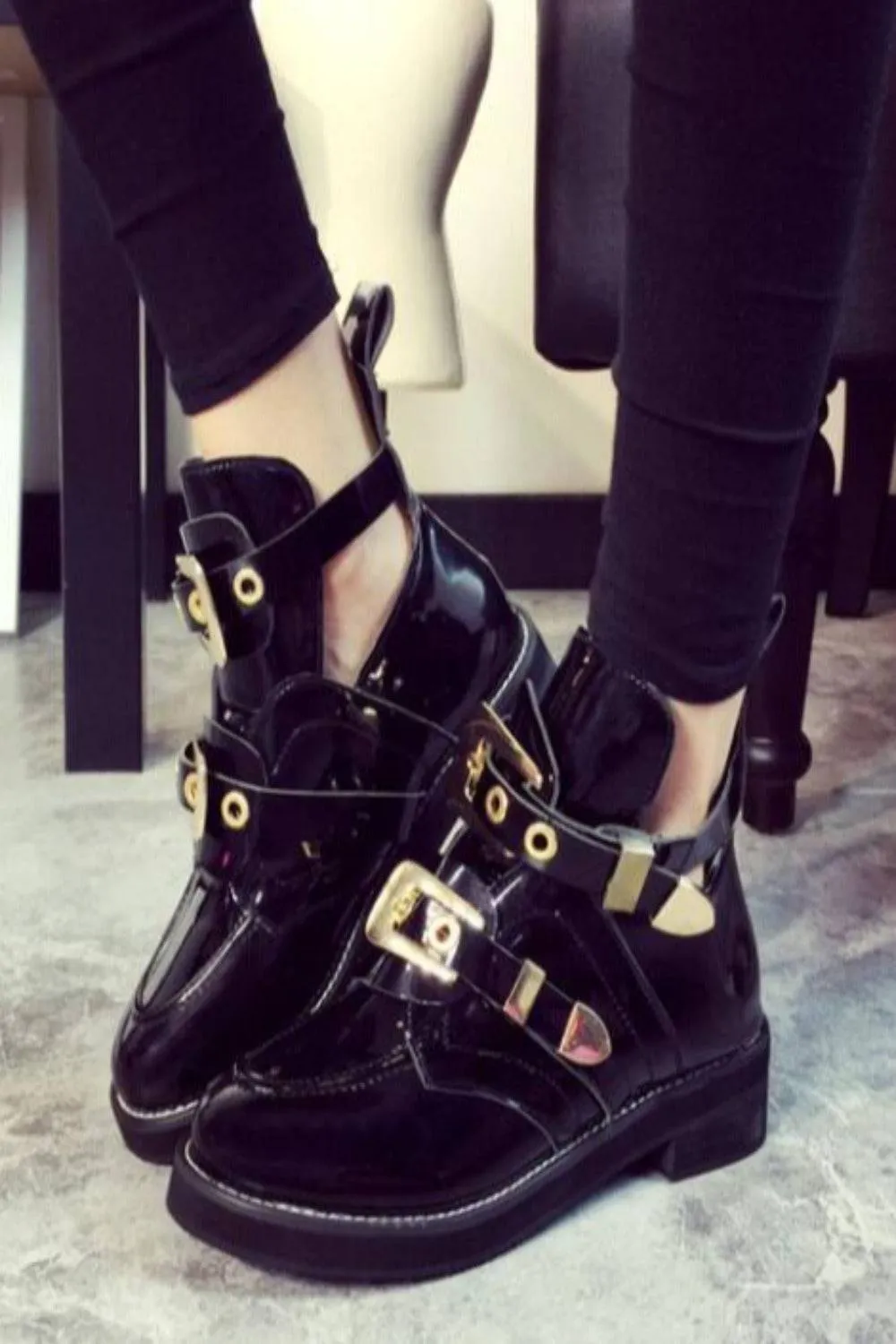 Let It Be Gold Buckle Black Ankle Boots