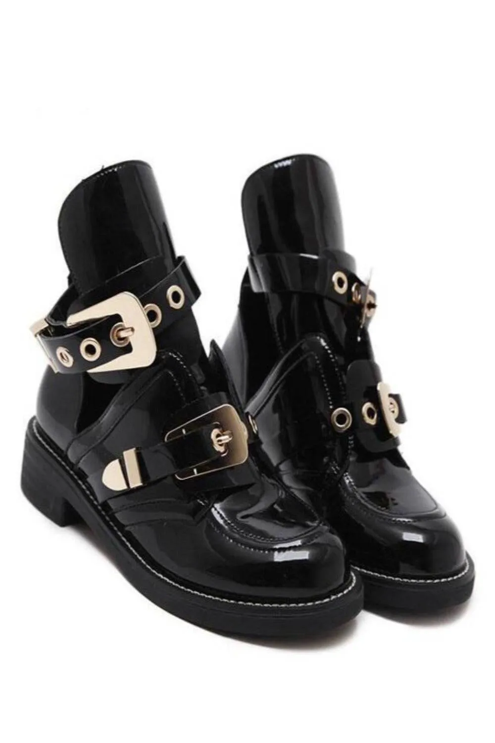 Let It Be Gold Buckle Black Ankle Boots
