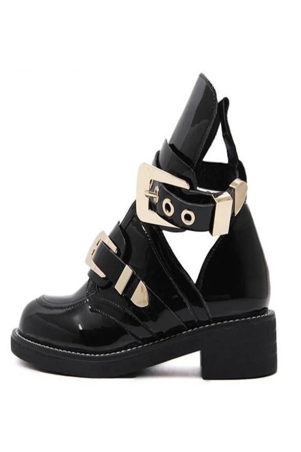 Let It Be Gold Buckle Black Ankle Boots