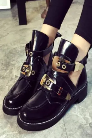 Let It Be Gold Buckle Black Ankle Boots