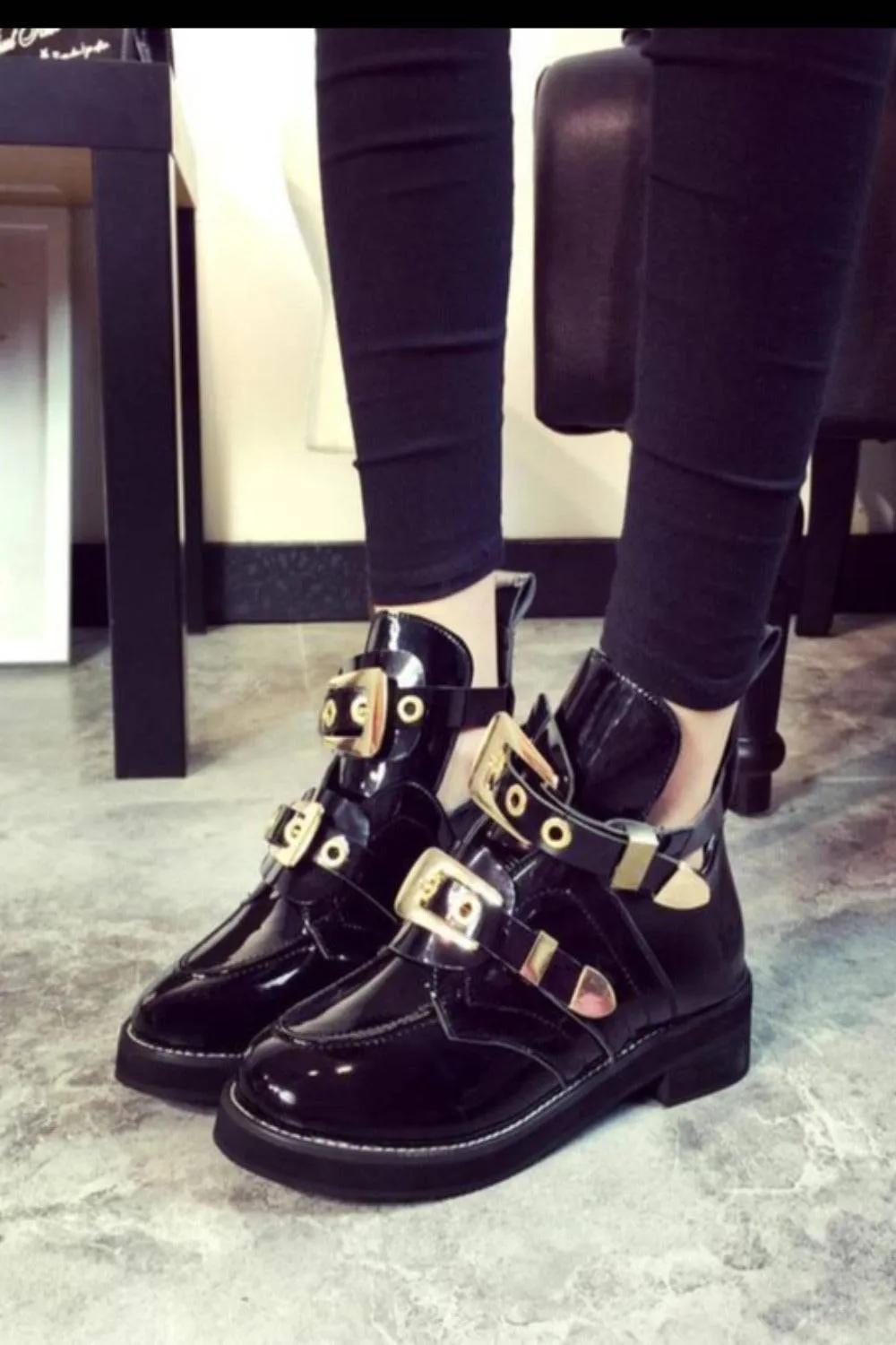 Let It Be Gold Buckle Black Ankle Boots