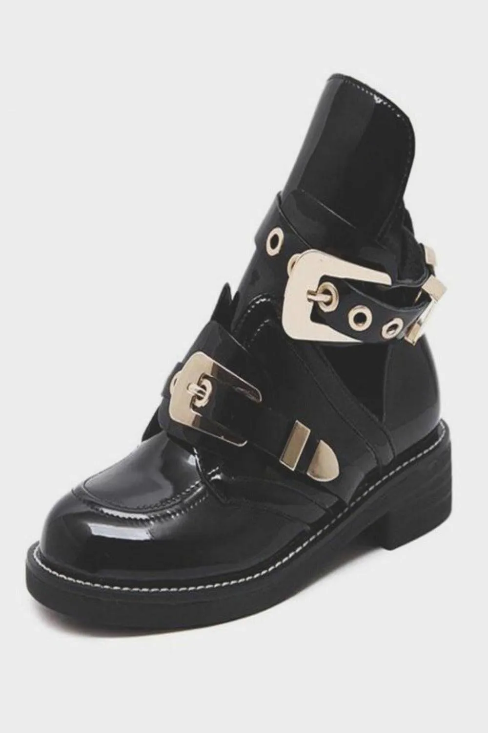 Let It Be Gold Buckle Black Ankle Boots