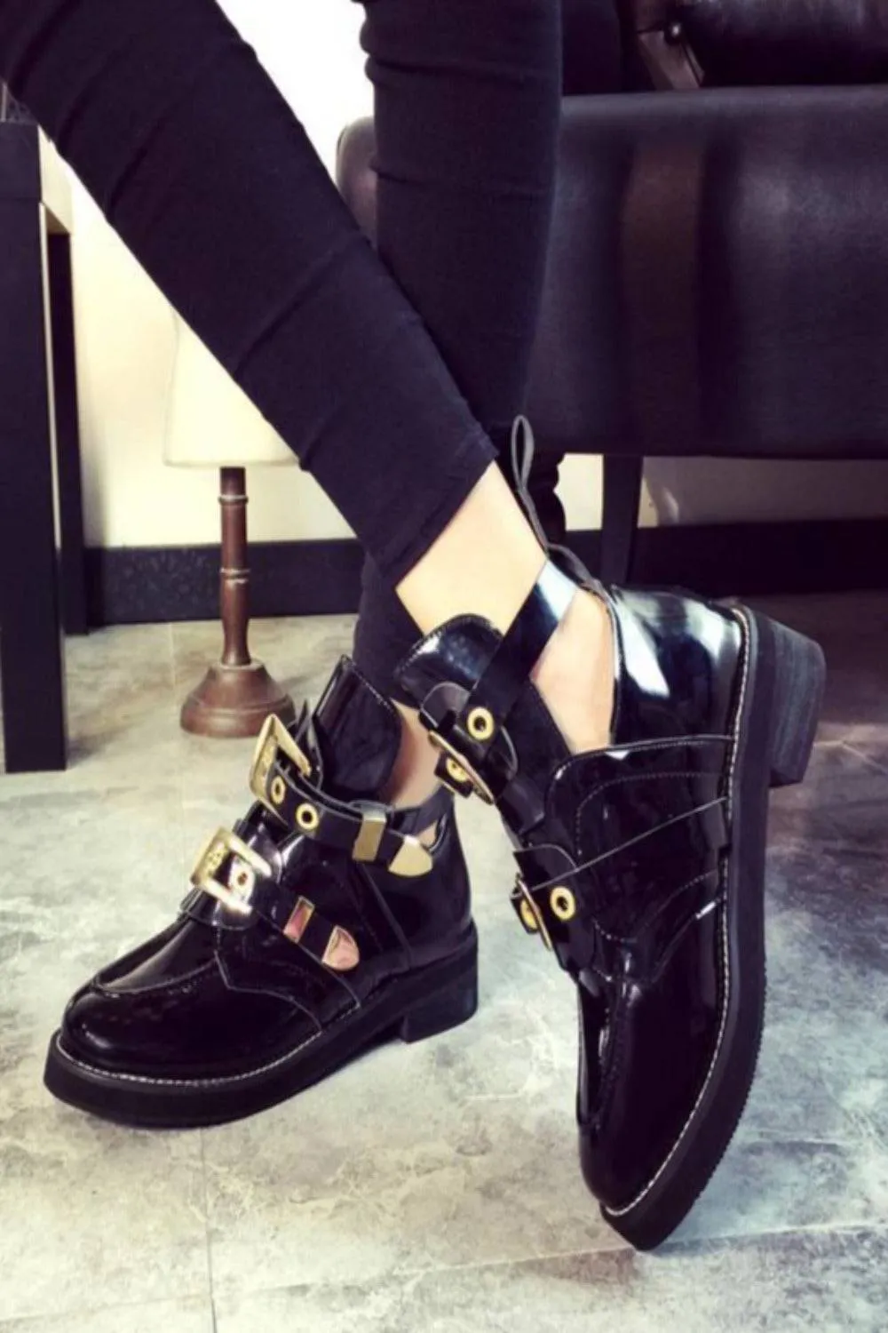 Let It Be Gold Buckle Black Ankle Boots