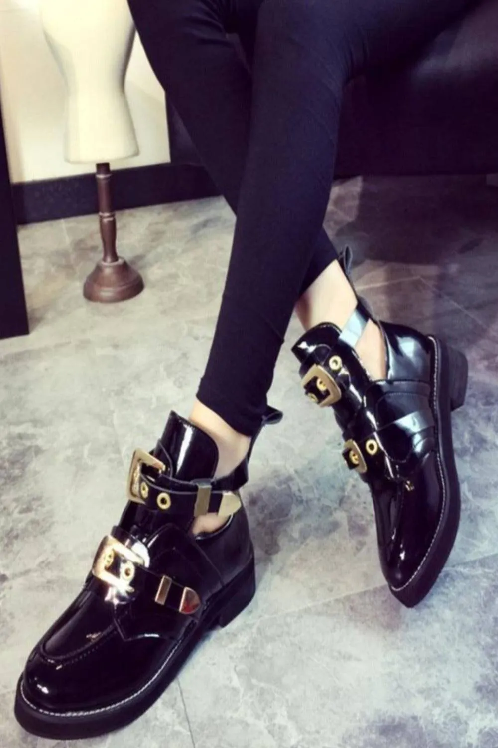 Let It Be Gold Buckle Black Ankle Boots