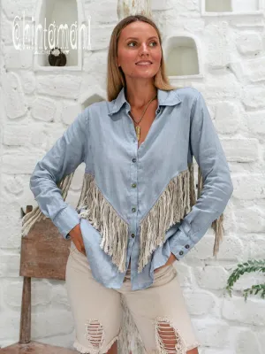Linen Boho Button Shirt with Fringes / Blue