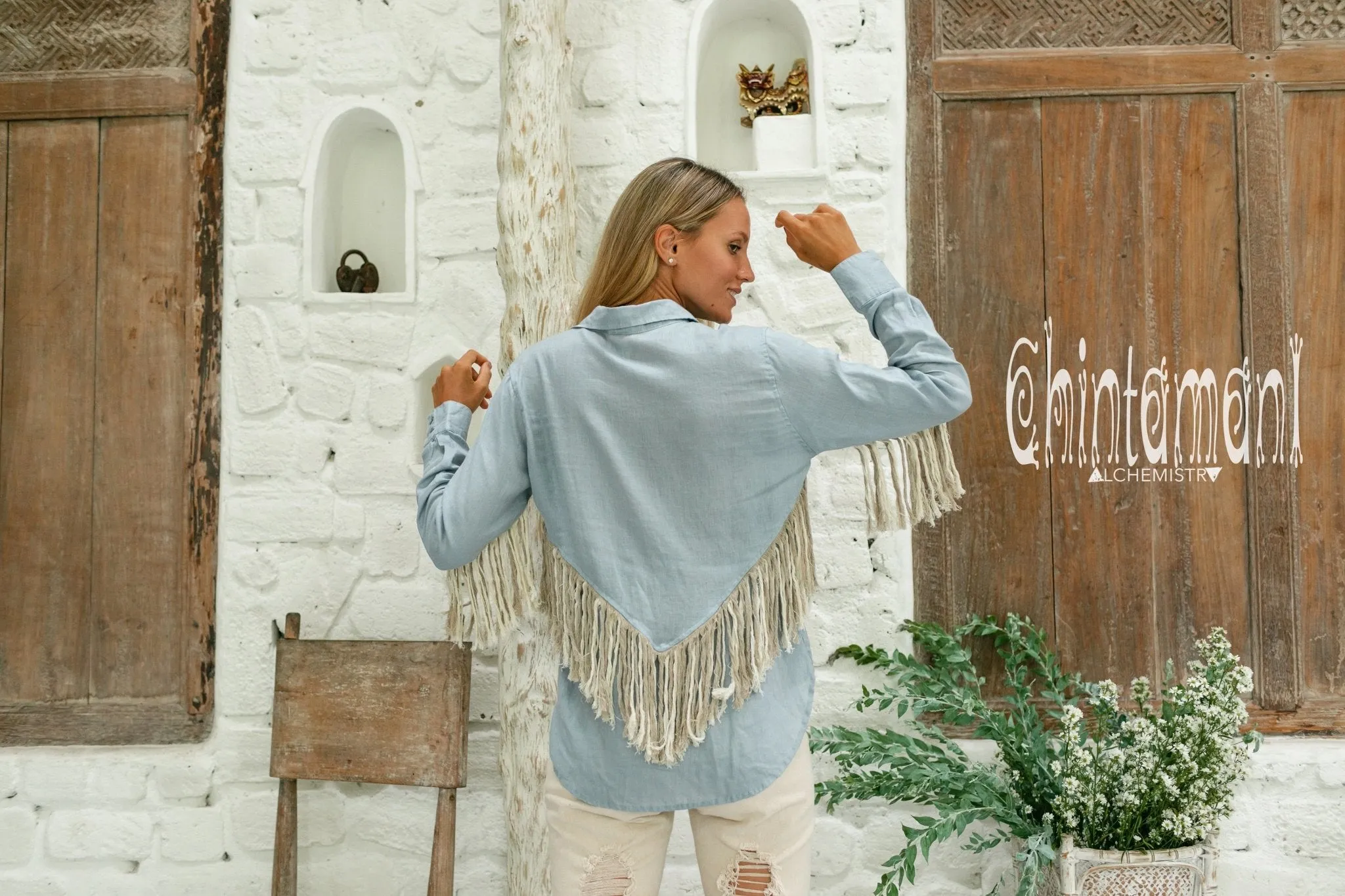 Linen Boho Button Shirt with Fringes / Blue