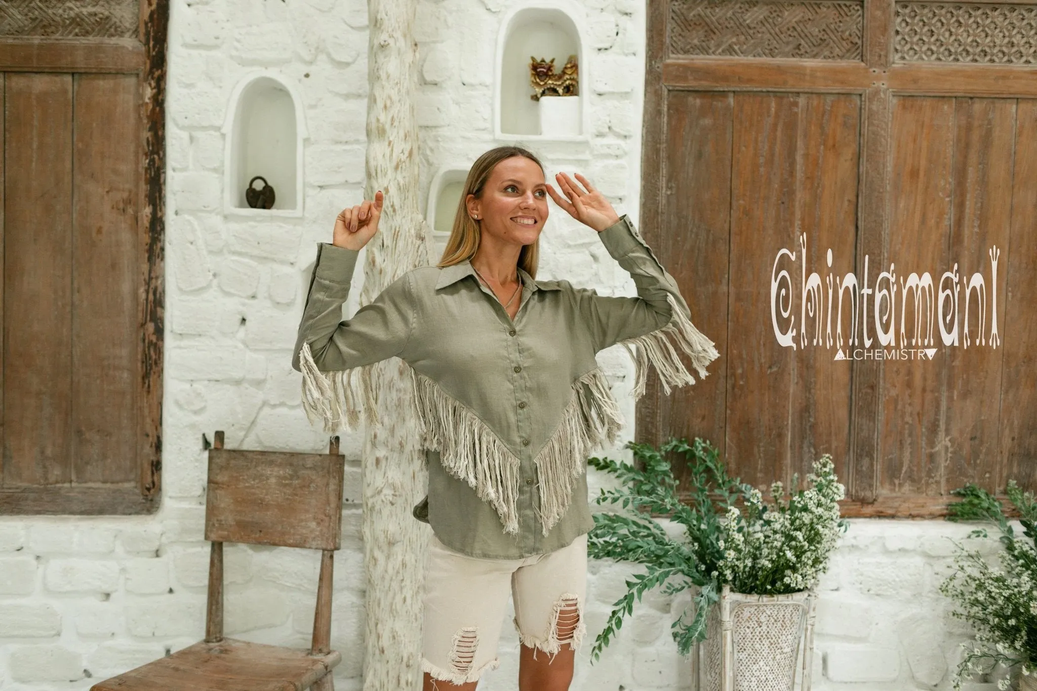 Linen Boho Button Shirt with Fringes / Sage Green