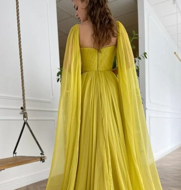 Long Cape Side Slit A-Line Evening Dress