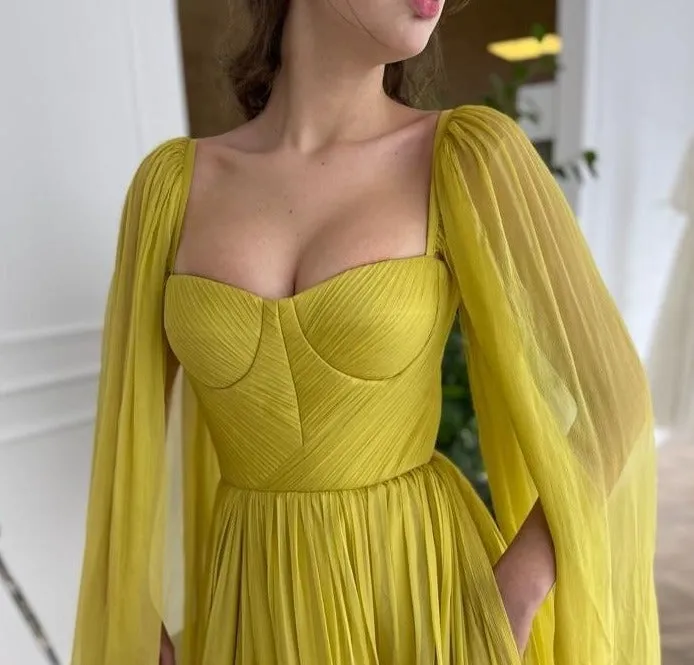 Long Cape Side Slit A-Line Evening Dress