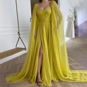 Long Cape Side Slit A-Line Evening Dress