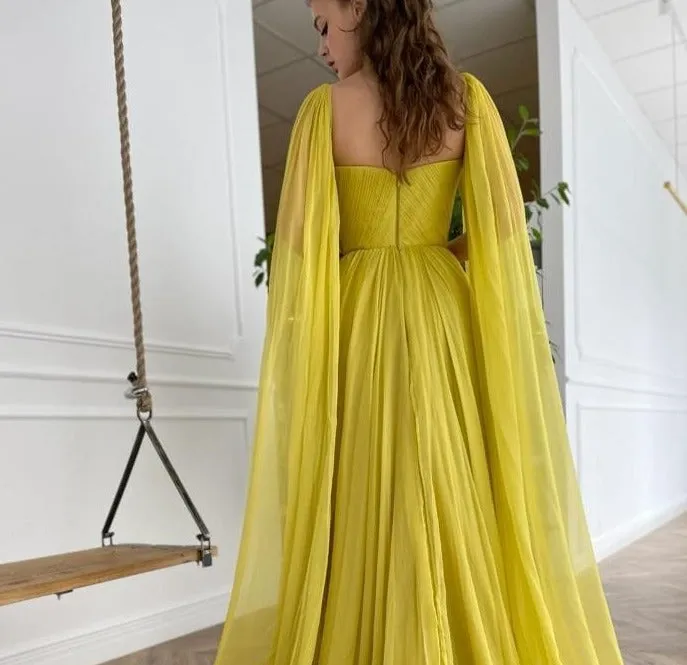 Long Cape Side Slit A-Line Evening Dress