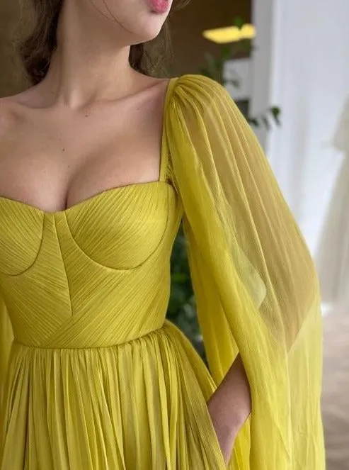 Long Cape Side Slit A-Line Evening Dress