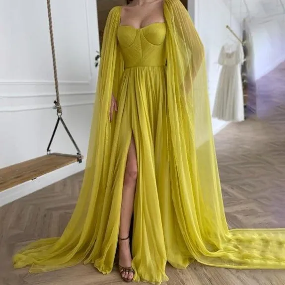 Long Cape Side Slit A-Line Evening Dress