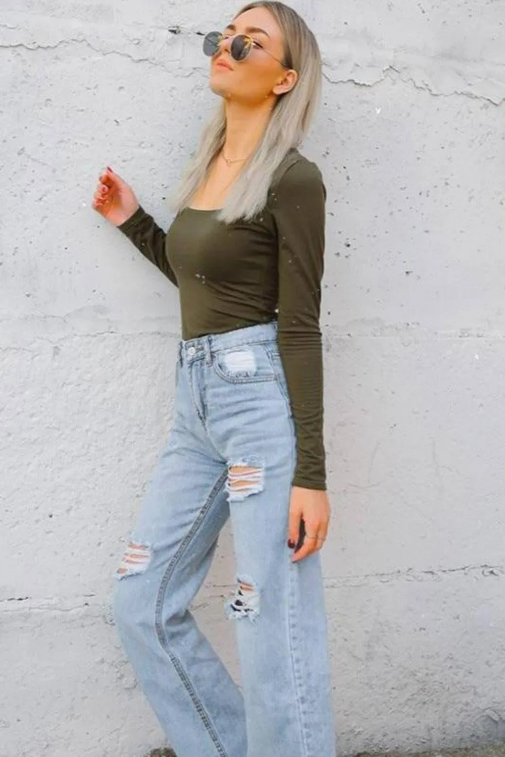Long Sleeve Knitted Solid Square Collar Bodysuit Winter Top