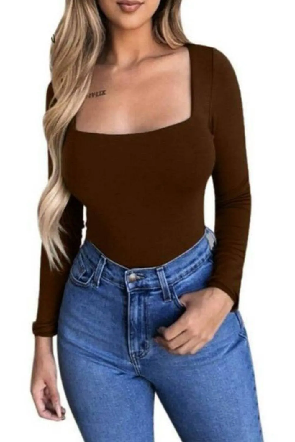 Long Sleeve Knitted Solid Square Collar Bodysuit Winter Top