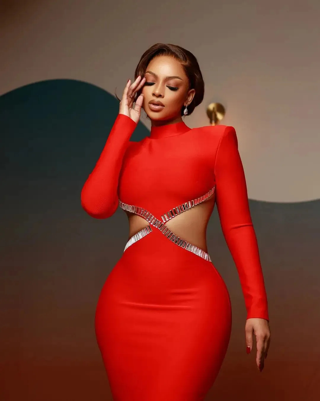 Long Sleeve Red Black Maxi Bandage Bodycon Dress