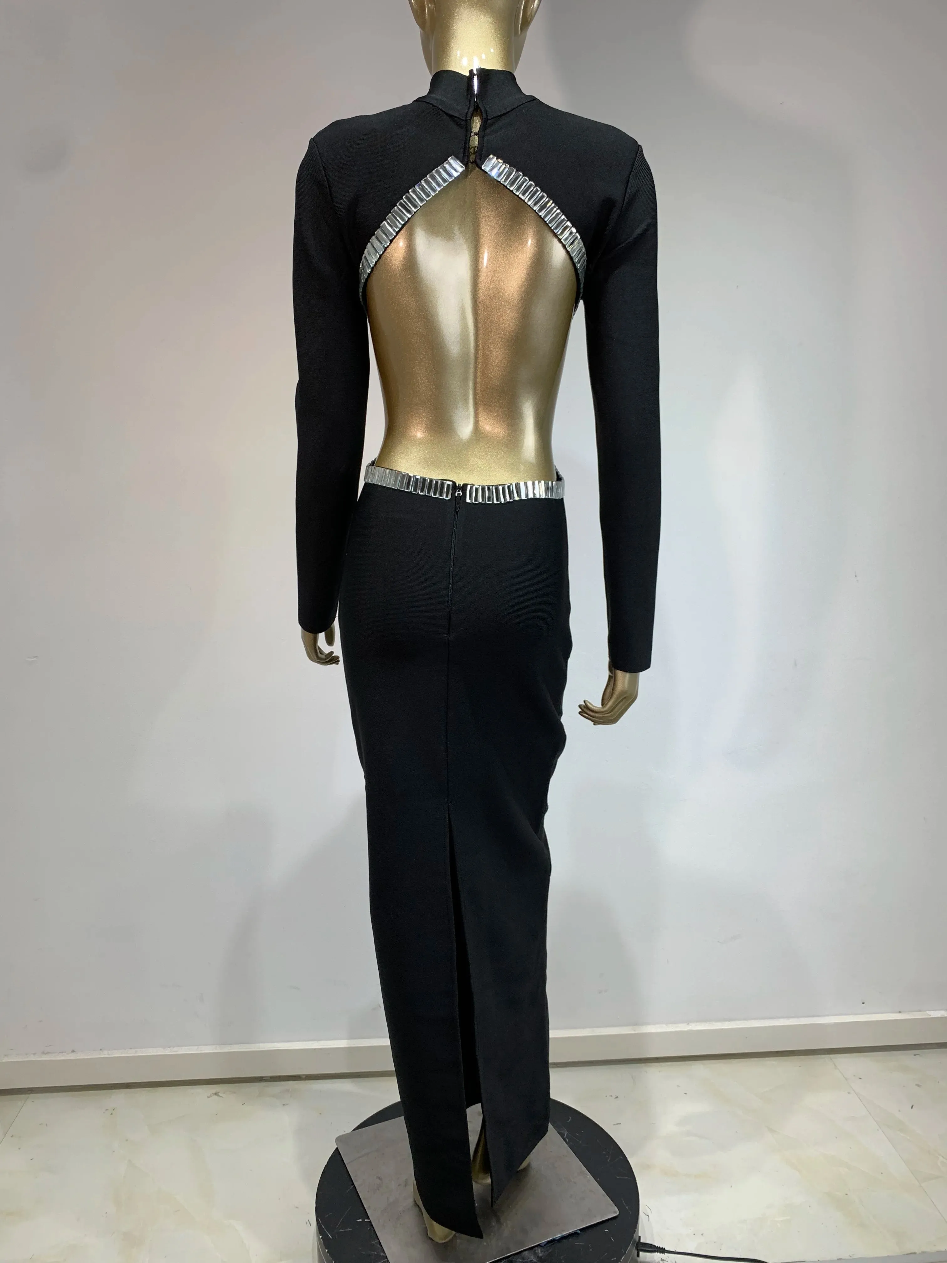 Long Sleeve Red Black Maxi Bandage Bodycon Dress