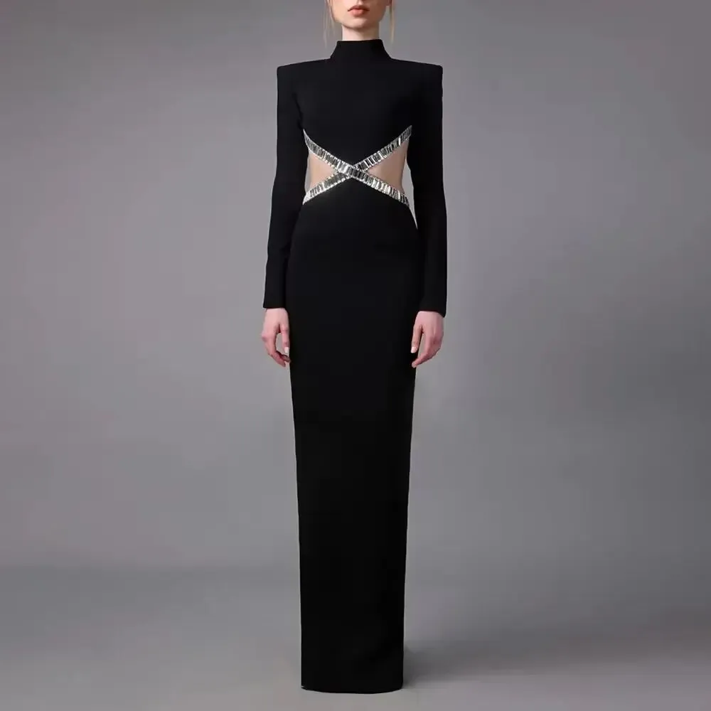 Long Sleeve Red Black Maxi Bandage Bodycon Dress