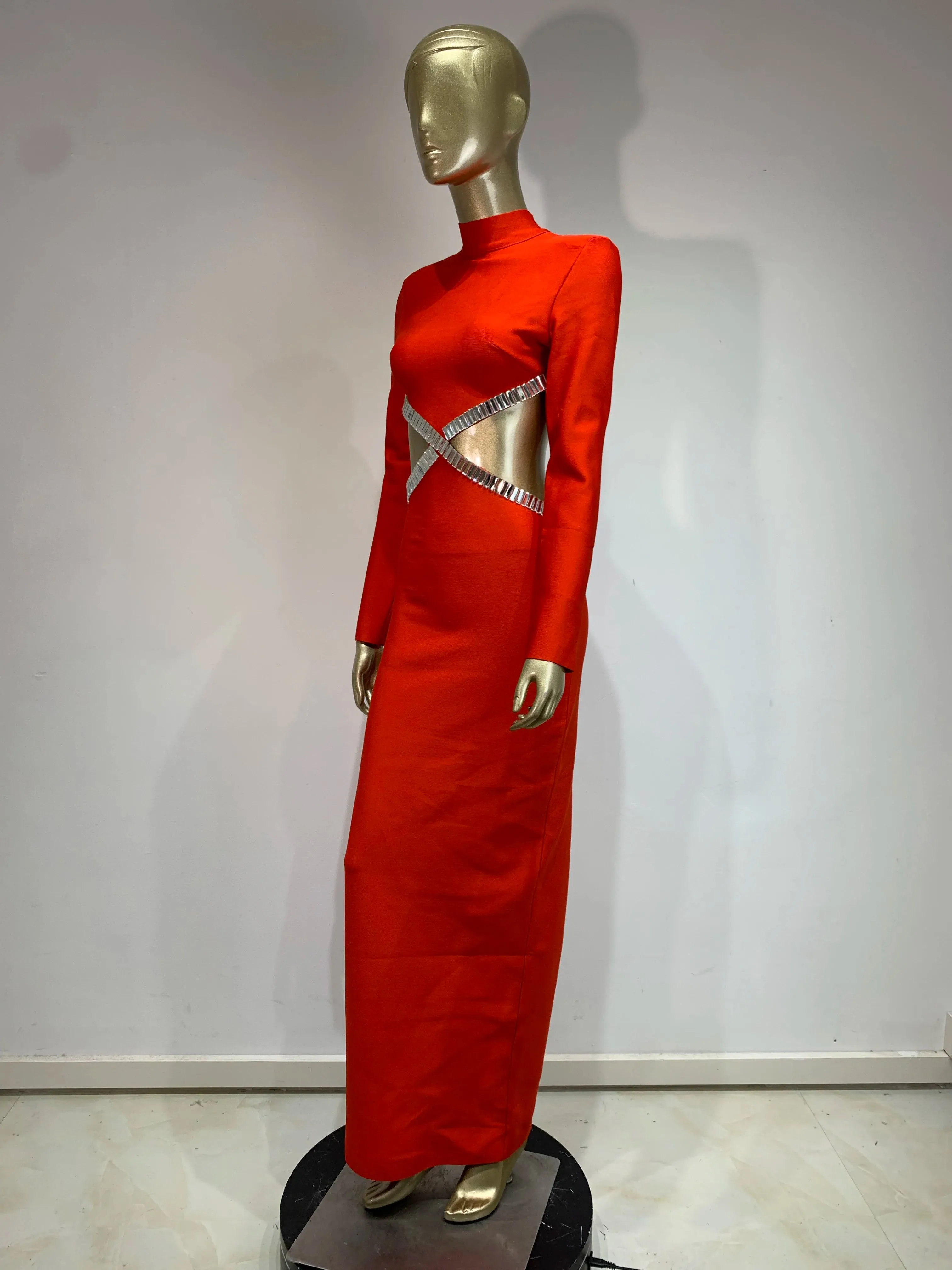 Long Sleeve Red Black Maxi Bandage Bodycon Dress