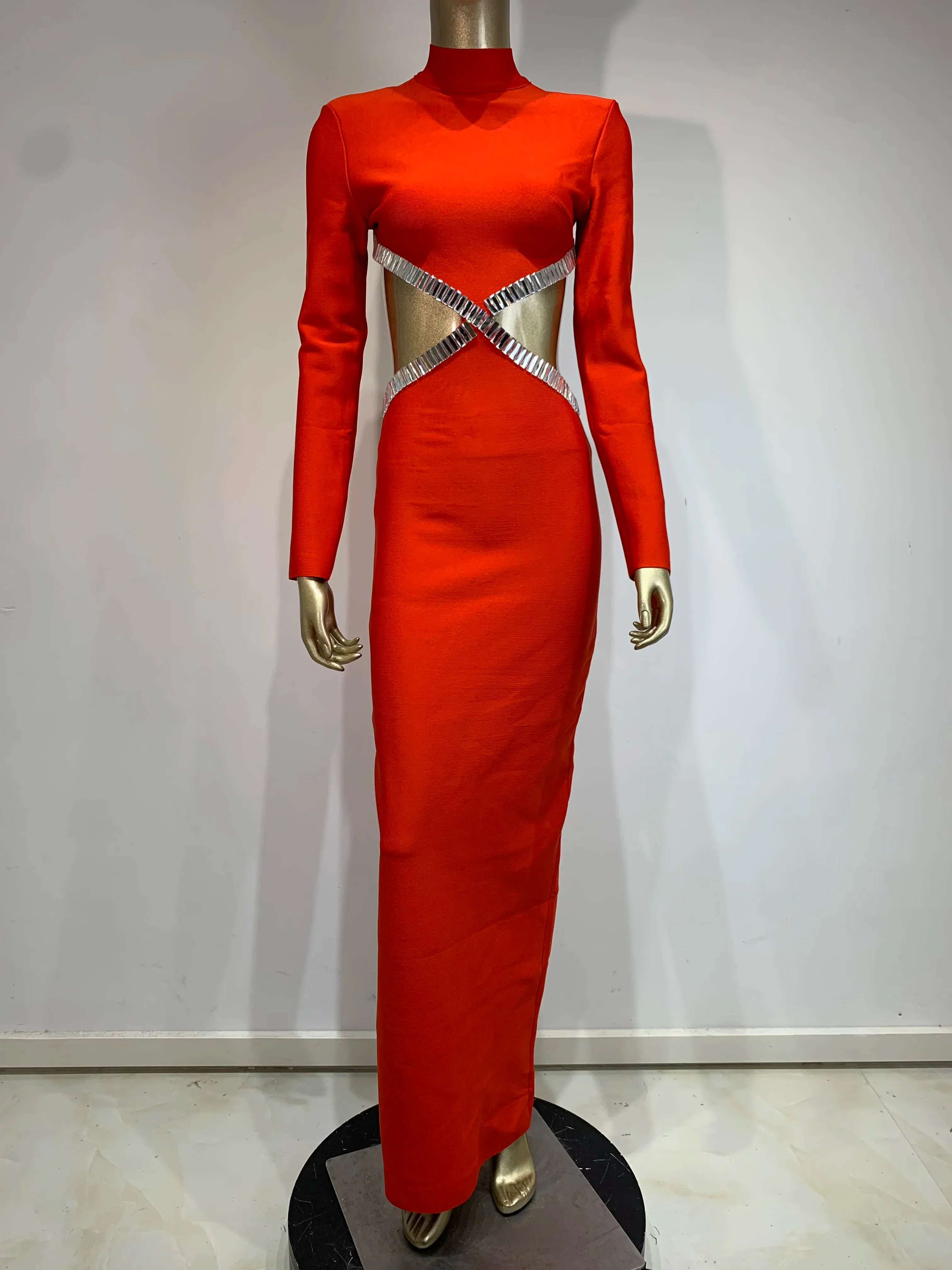 Long Sleeve Red Black Maxi Bandage Bodycon Dress