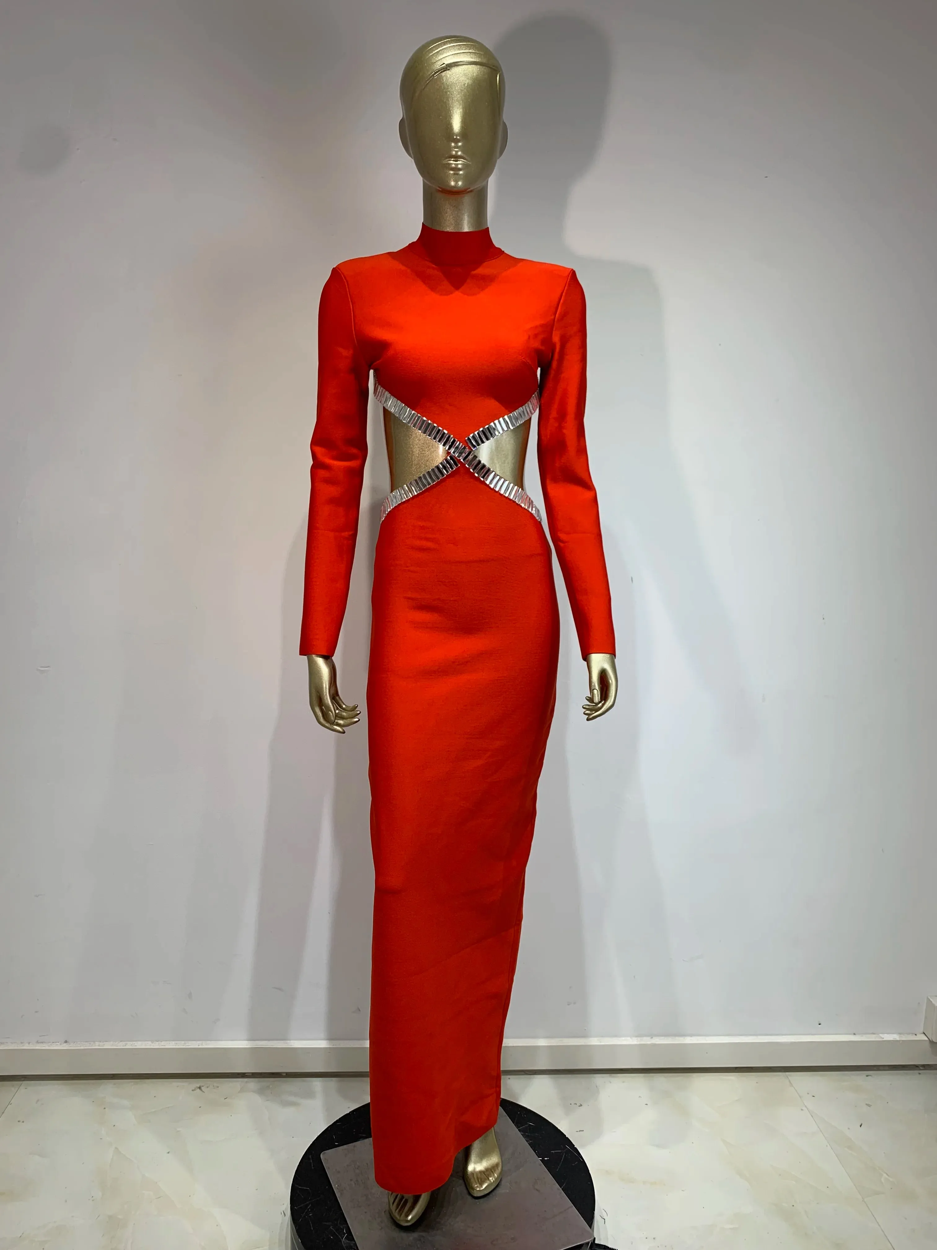 Long Sleeve Red Black Maxi Bandage Bodycon Dress