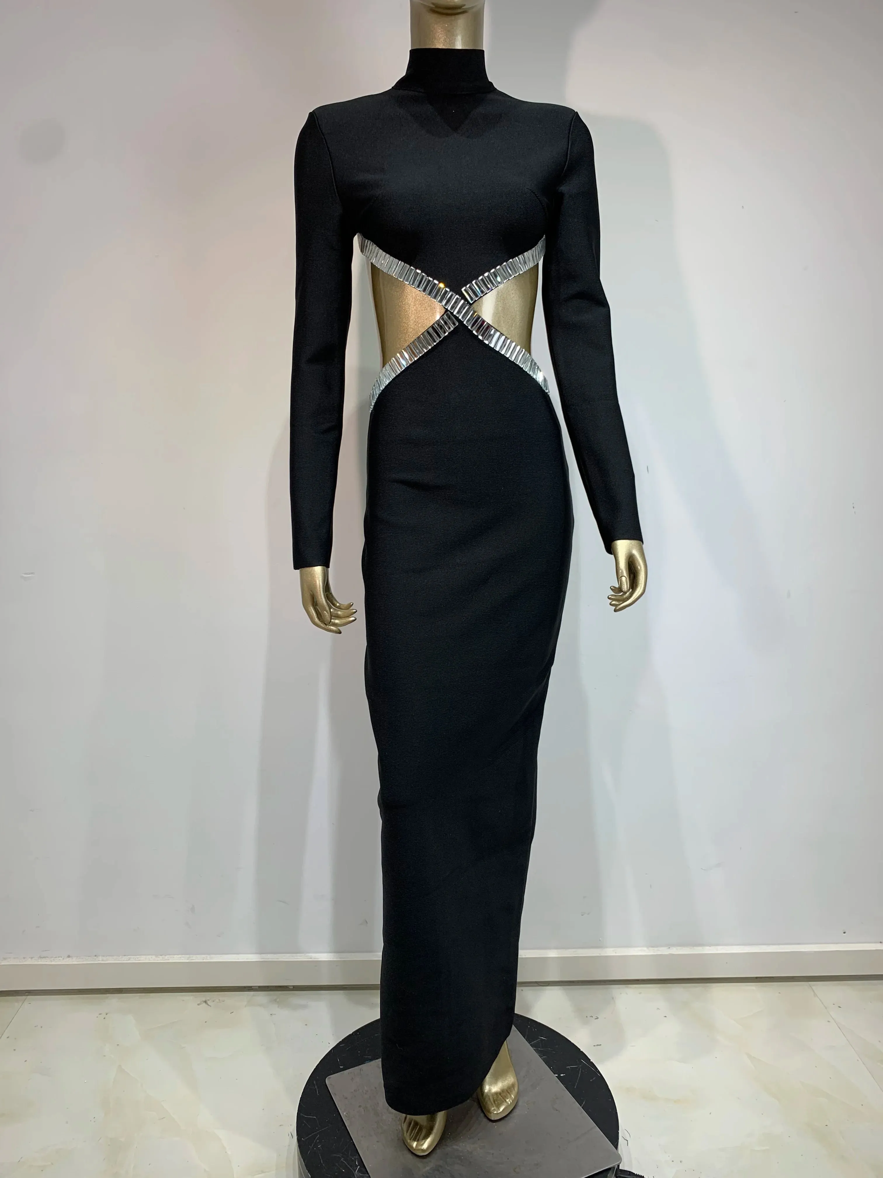 Long Sleeve Red Black Maxi Bandage Bodycon Dress