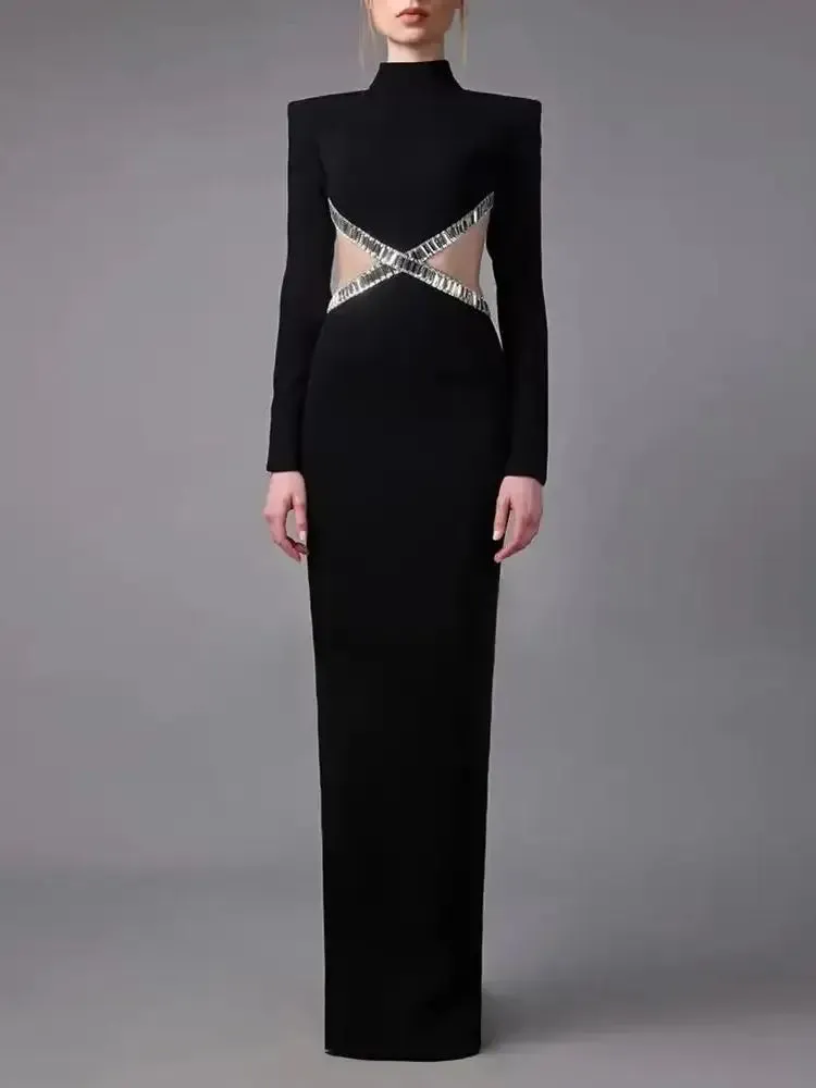 Long Sleeve Red Black Maxi Bandage Bodycon Dress