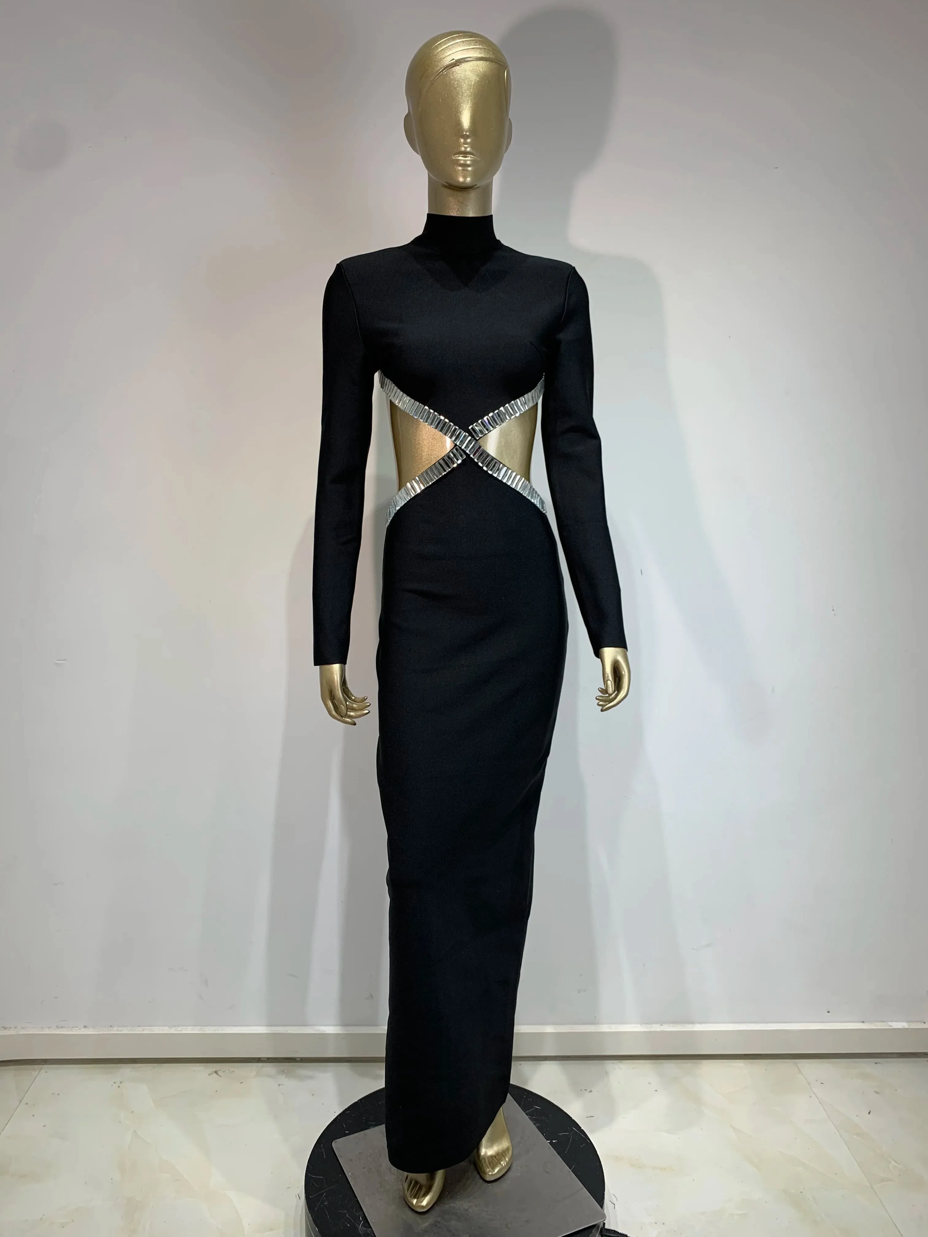Long Sleeve Red Black Maxi Bandage Bodycon Dress