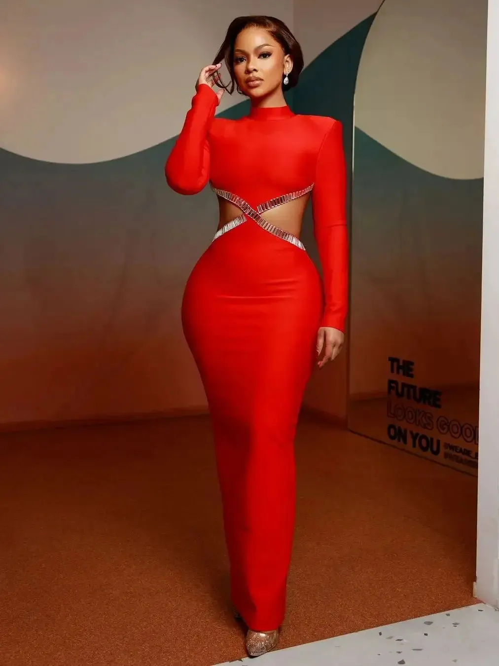 Long Sleeve Red Black Maxi Bandage Bodycon Dress