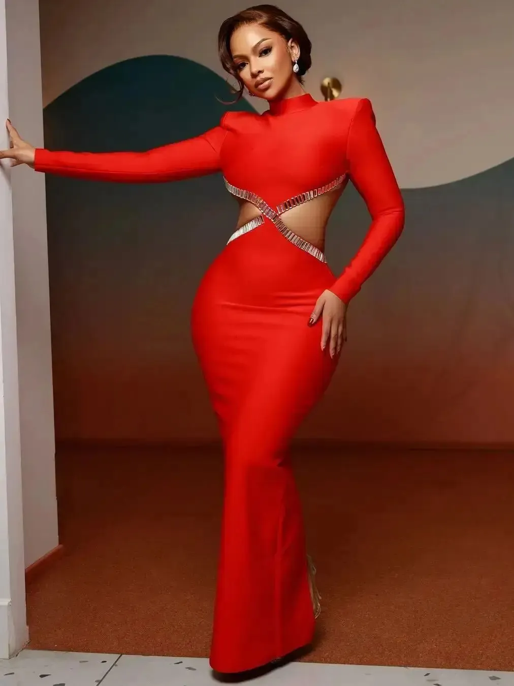 Long Sleeve Red Black Maxi Bandage Bodycon Dress