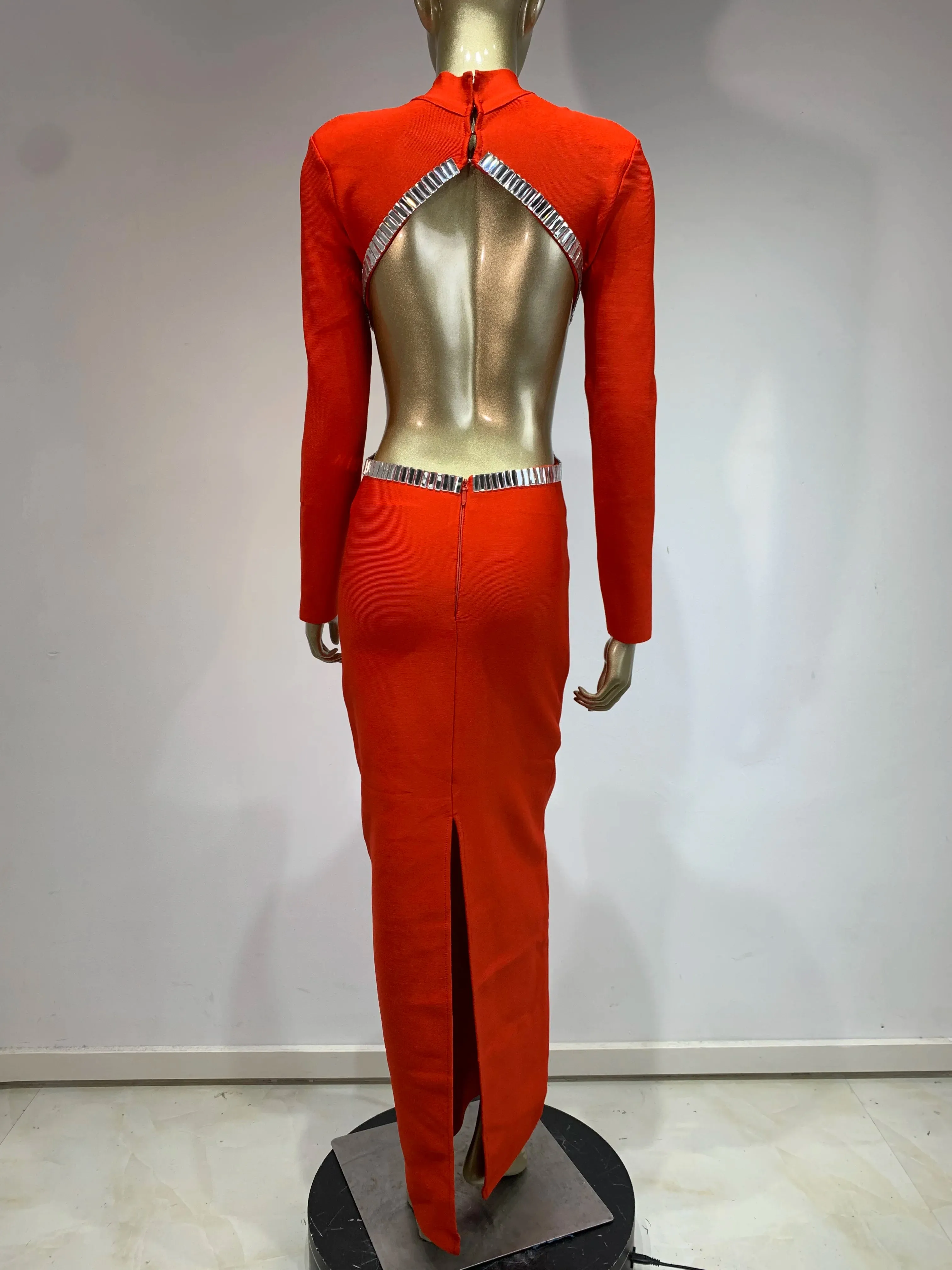 Long Sleeve Red Black Maxi Bandage Bodycon Dress