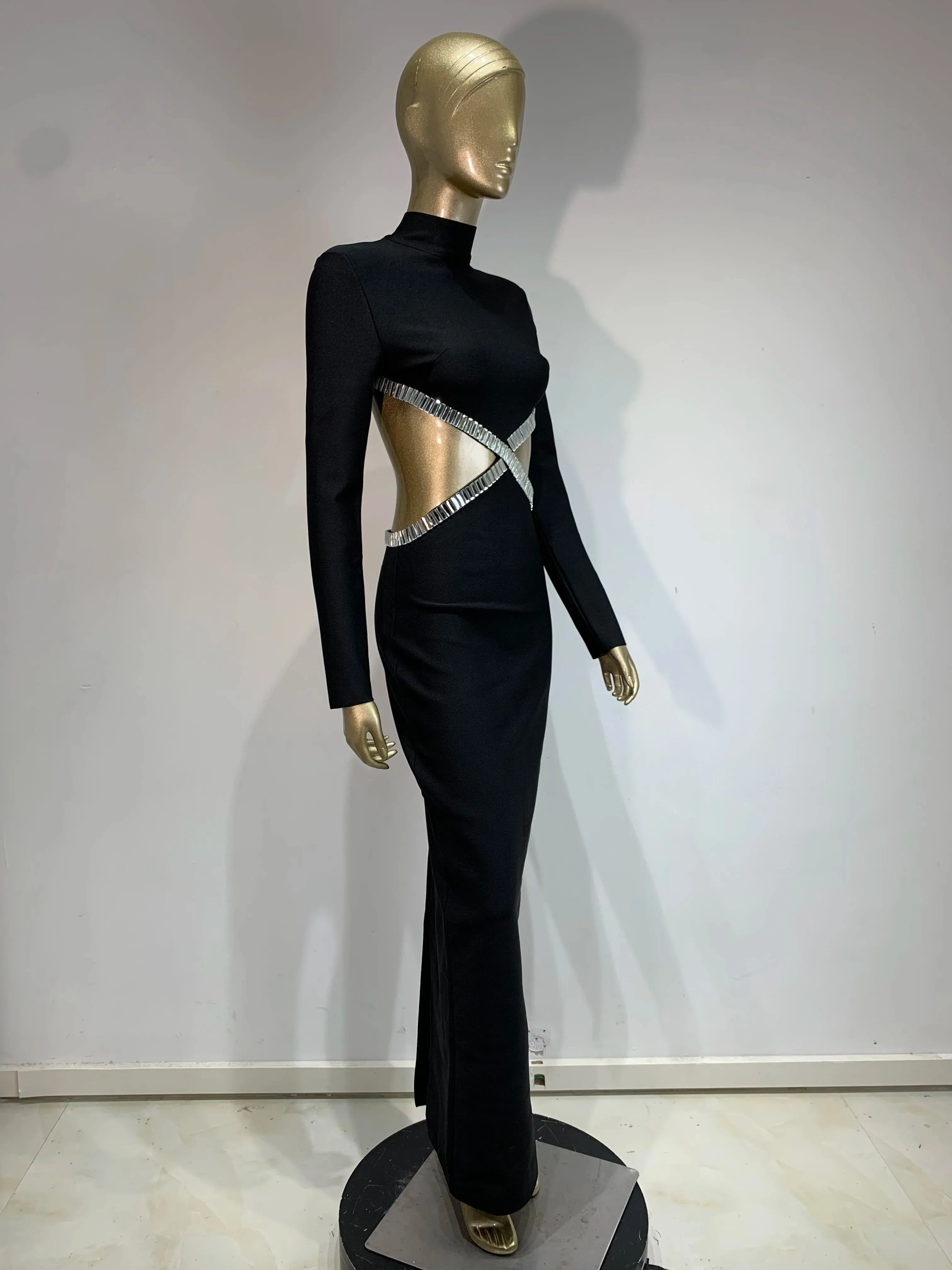 Long Sleeve Red Black Maxi Bandage Bodycon Dress
