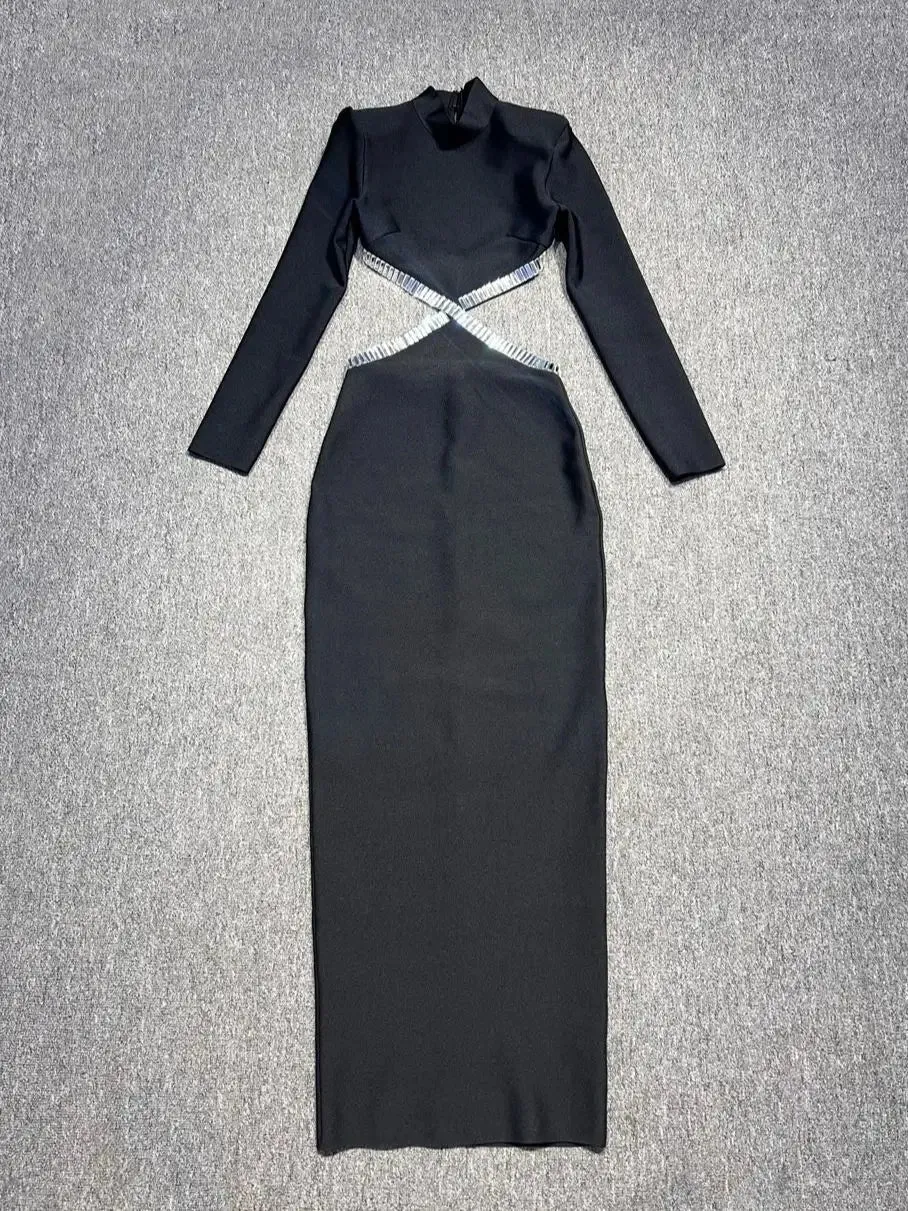 Long Sleeve Red Black Maxi Bandage Bodycon Dress