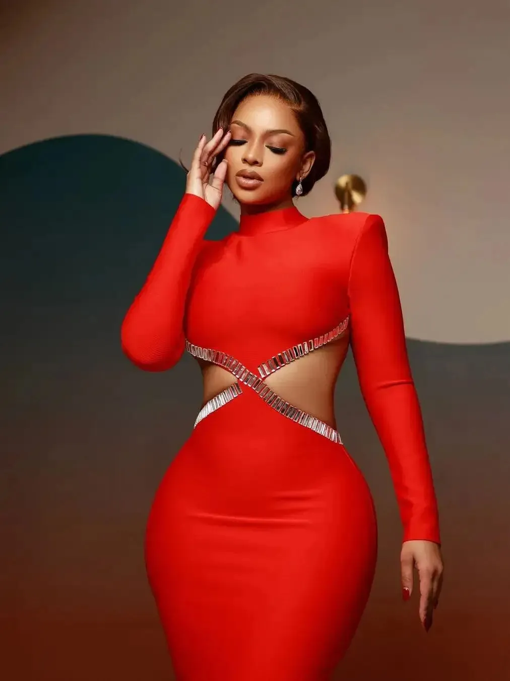 Long Sleeve Red Black Maxi Bandage Bodycon Dress