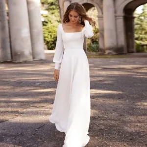 Long Sleeves Wedding Dress For Women Neck Bride Dresses A Line Marriage