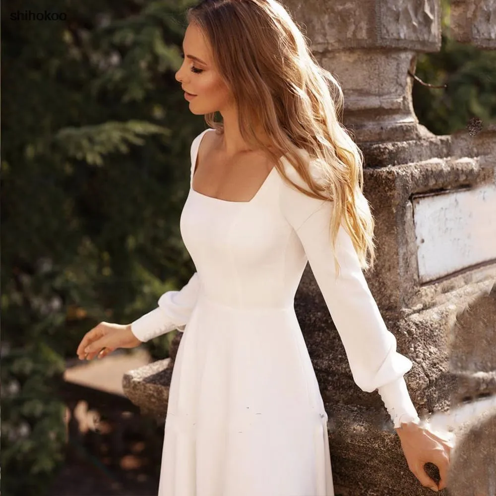 Long Sleeves Wedding Dress For Women Neck Bride Dresses A Line Marriage