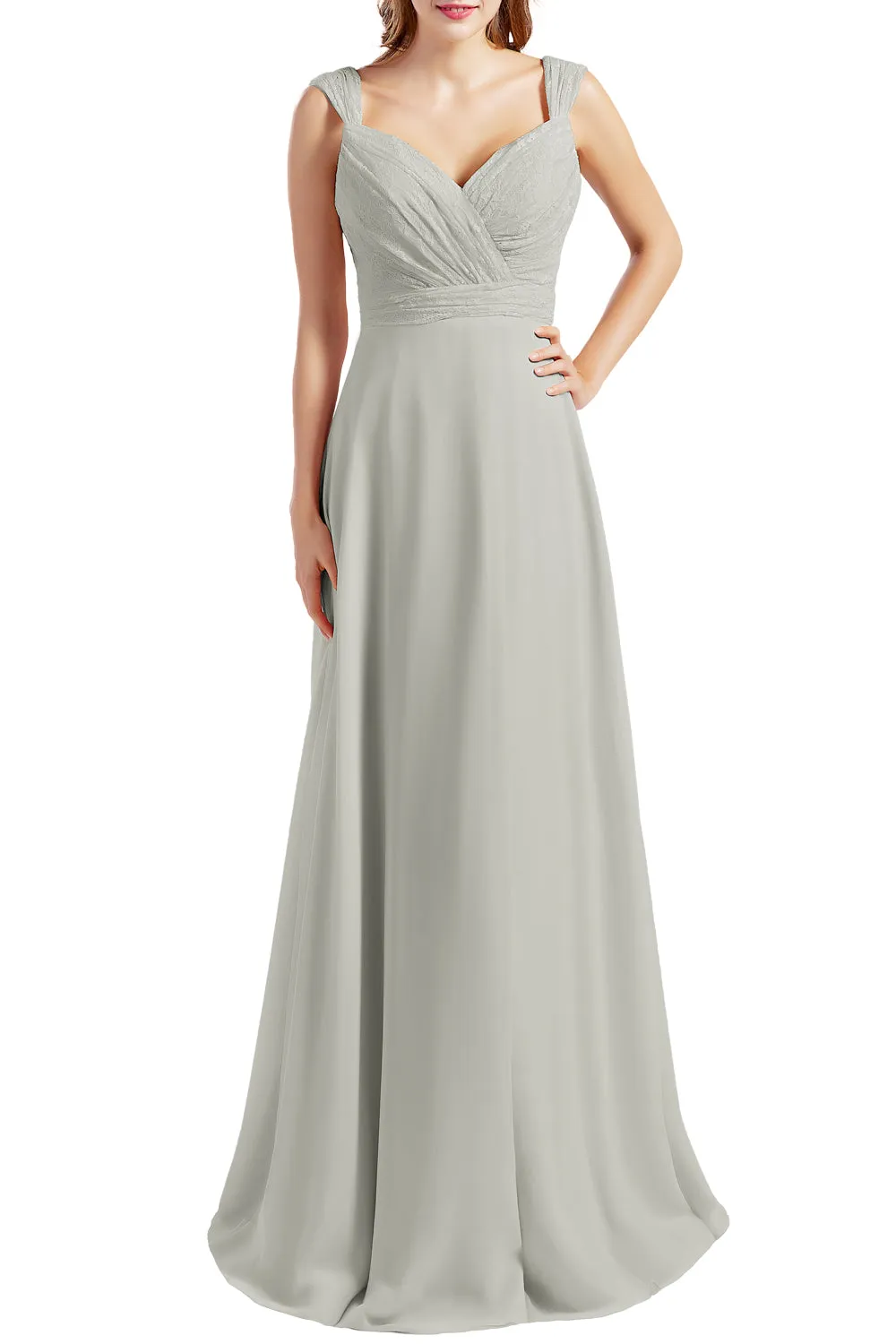 MACloth Women Lace Bodice Chiffon Long Bridesmaid Dresses Formal Evening Gown