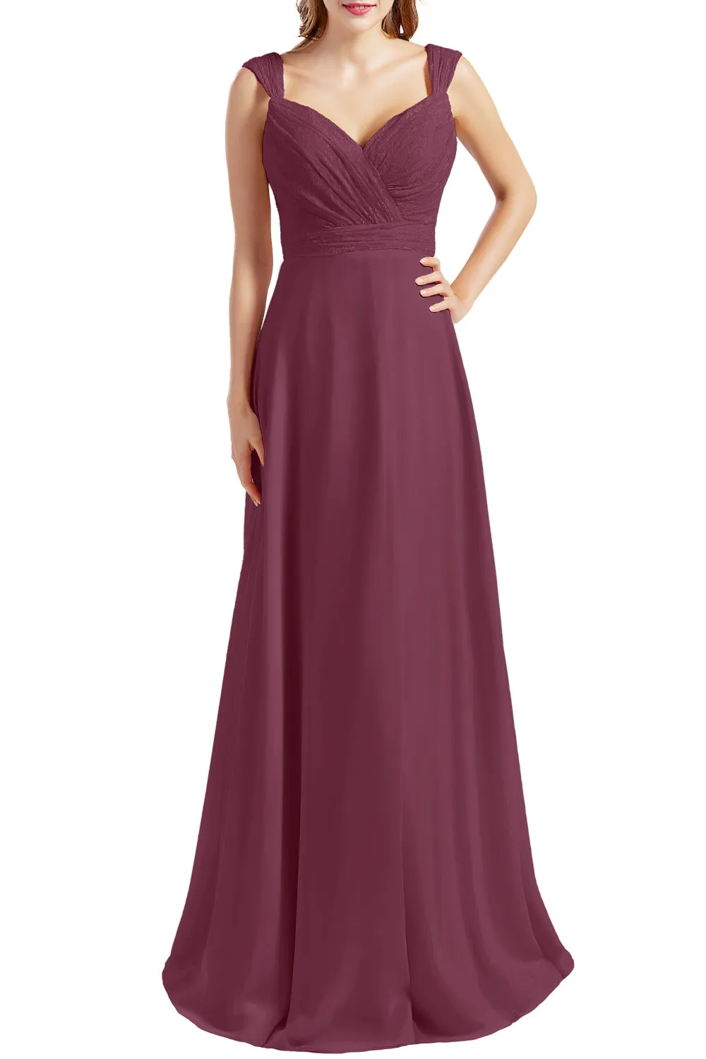 MACloth Women Lace Bodice Chiffon Long Bridesmaid Dresses Formal Evening Gown