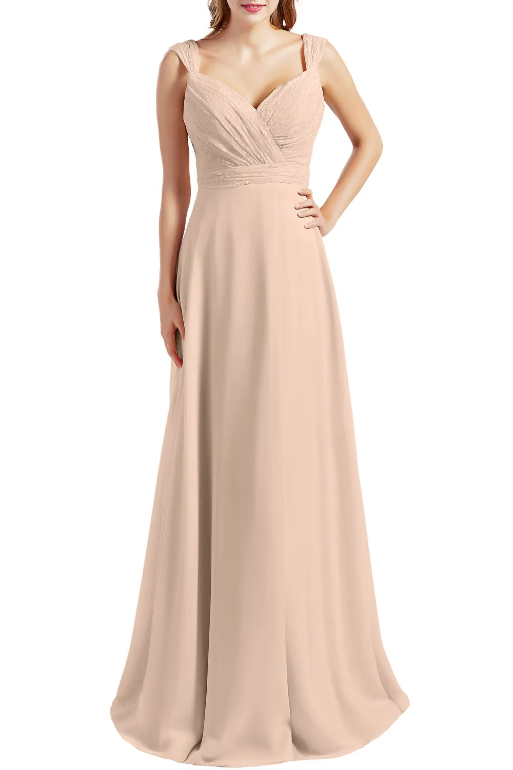 MACloth Women Lace Bodice Chiffon Long Bridesmaid Dresses Formal Evening Gown