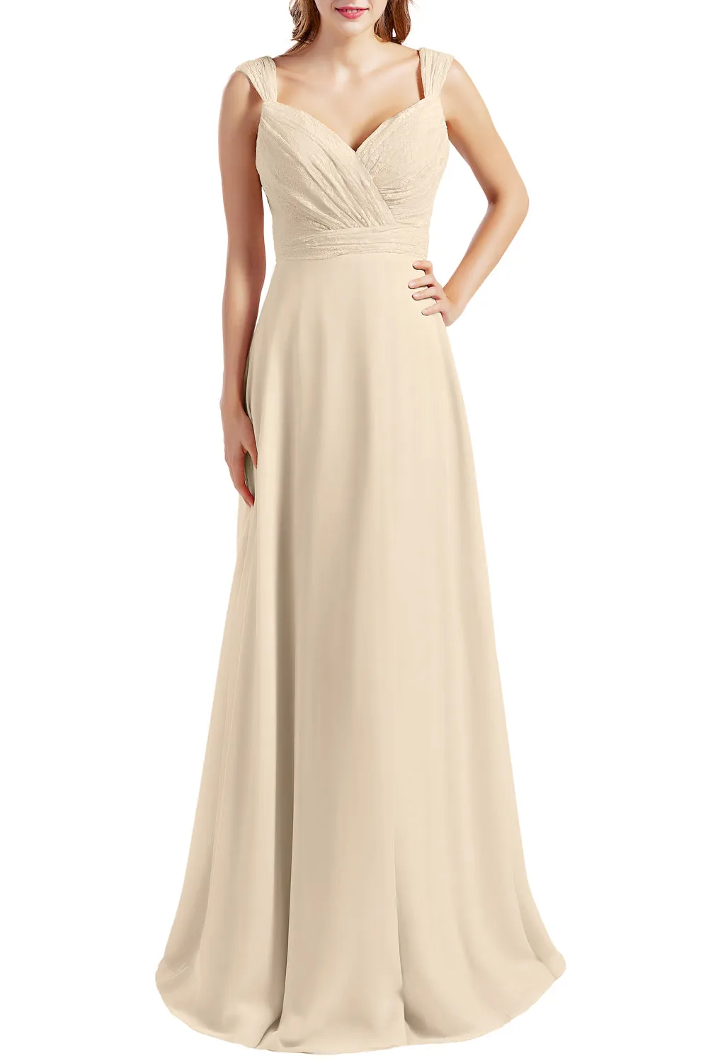 MACloth Women Lace Bodice Chiffon Long Bridesmaid Dresses Formal Evening Gown